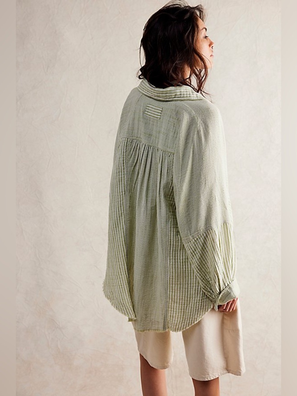 Free People Sage green striped shirt medium oversized top lightweight top - Picture 2 of 15
